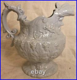 Rare Early 19 C Eng. Ceramic Pitcher, Gargoyle Faces & Serpent Handle Pearlware