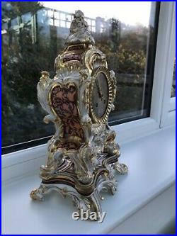Rare Early 19c Raingo Gilded Porcelain, Silk Suspension French Mantle Clock