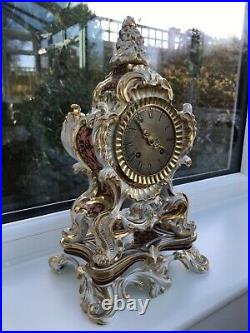 Rare Early 19c Raingo Gilded Porcelain, Silk Suspension French Mantle Clock