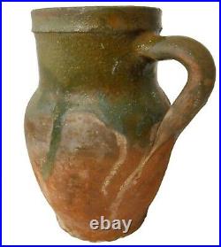 Rare Early 19th C American Antique 7 Redware Handled Cer Pitcher Dipped Grn Glz