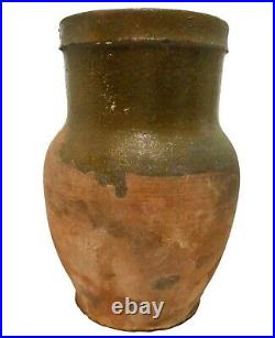 Rare Early 19th C American Antique 7 Redware Handled Cer Pitcher Dipped Grn Glz