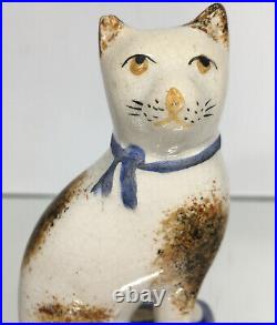 Rare Early 19th C Antique Spongeware Staffordshire Calico Cat Creamware Figurine