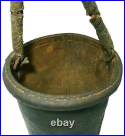 Rare Early 19th C Salisbury Ma Antique Prim Dec Leather Fire Bucket, Rope Handle
