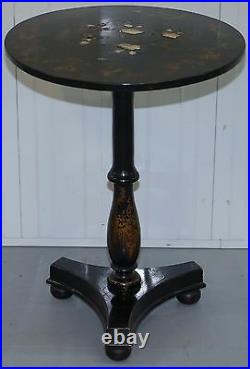 Rare Early 19th Century Japanned Solid Wood Tilt Top Table Hand Painted