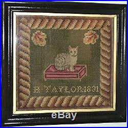 Rare Early 19th Century Woolwork Sampler of a Seated Cat Dated 1831
