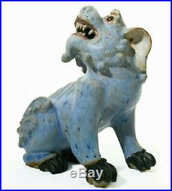 Rare Early 20th C Antique Shiwan Chinese Stoneware Ceramic Blue Glazed Foo Dog