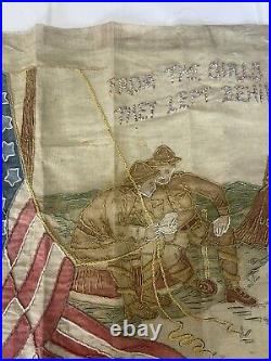 Rare Early 20th C Antique Wwi Orig Hand-painted & Embroidered Linen