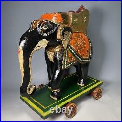 Rare Early 20th Century Carved Polychrome Indian Wooden Elephant