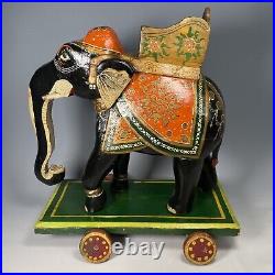 Rare Early 20th Century Carved Polychrome Indian Wooden Elephant