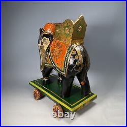 Rare Early 20th Century Carved Polychrome Indian Wooden Elephant