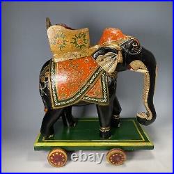 Rare Early 20th Century Carved Polychrome Indian Wooden Elephant