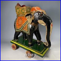 Rare Early 20th Century Carved Polychrome Indian Wooden Elephant