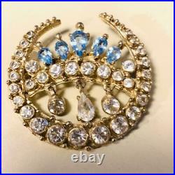 Rare Early 30's 40's Signed Hobe Blue & Clear Glass Crescent Moon Crown Brooch
