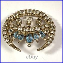 Rare Early 30's 40's Signed Hobe Blue & Clear Glass Crescent Moon Crown Brooch