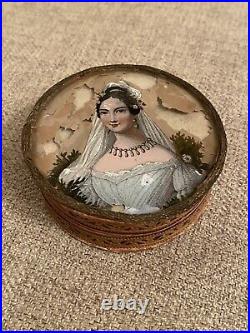 Rare Early Antique 1830-1840 Reverse Glass Portrait Miniature Bride On Candy Box