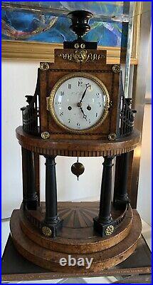 Rare Early Antique Francis I Era Austrian Portico Clock with Burled Marquetry
