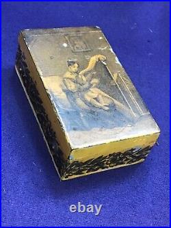 Rare Early Antique Miniature Wind Up Harp Lithographed Metal Music Box