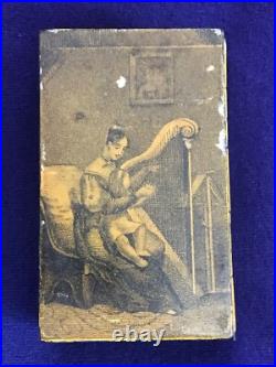 Rare Early Antique Miniature Wind Up Harp Lithographed Metal Music Box
