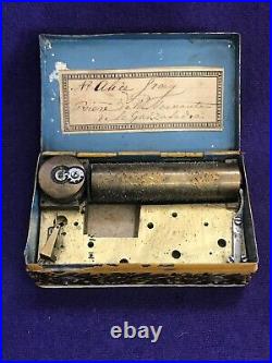 Rare Early Antique Miniature Wind Up Harp Lithographed Metal Music Box