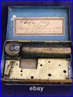 Rare Early Antique Miniature Wind Up Harp Lithographed Metal Music Box
