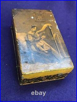 Rare Early Antique Miniature Wind Up Harp Lithographed Metal Music Box