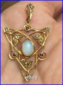Rare Early Antique Victorian 10 ct/kt Gold Lavaliere Pendant Opal +Red Rubies