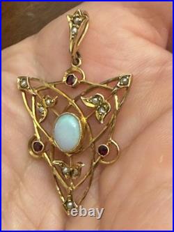 Rare Early Antique Victorian 10 ct/kt Gold Lavaliere Pendant Opal +Red Rubies