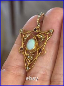Rare Early Antique Victorian 10 ct/kt Gold Lavaliere Pendant Opal +Red Rubies