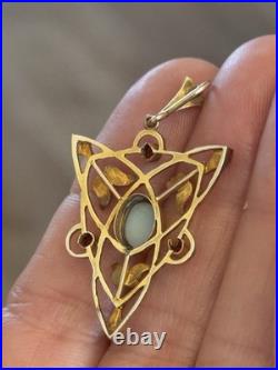 Rare Early Antique Victorian 10 ct/kt Gold Lavaliere Pendant Opal +Red Rubies