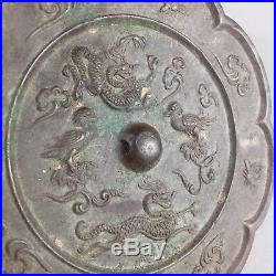 Rare Early Chinese Bronze Mirror With Birds And Dragons