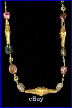 Rare Early Chinese Necklace with Tourmaline & Solid Gold Shaped Inserts