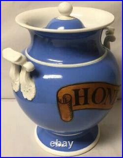 Rare Early Painted Light Blue Ceramic Apothecary Jar Globe Honey Gold Label