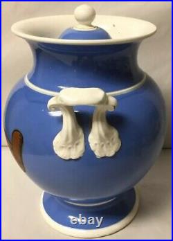 Rare Early Painted Light Blue Ceramic Apothecary Jar Globe Honey Gold Label