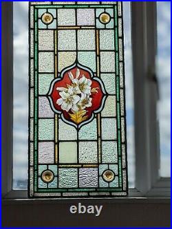 Rare Early Victorian Circa 1850 Stained Glass Panel With Hand Painted Lilies