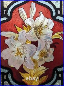 Rare Early Victorian Circa 1850 Stained Glass Panel With Hand Painted Lilies