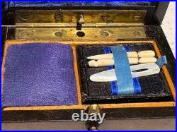Rare Early Victorian Sewing Etui, In Minature Form Burr Walnut, With Contents