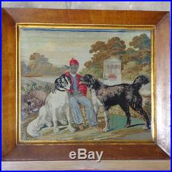 Rare Early Victorian Woolwork with Dogs in a Formal Garden Setting
