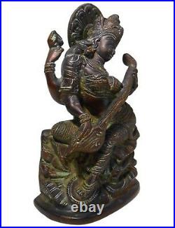 Rare Early-mid 19th C Antique Indian Goddess Saraswati Bronze Figure Orig Patina