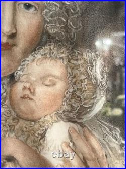 Rare Engraving Print Rate Early Female Figure With Baby Framed Signed Antique