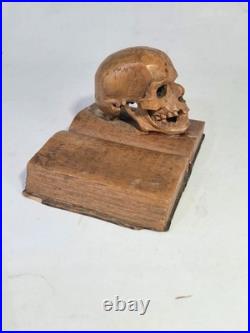 Rare German Early 20th C Momento Mori Hand Carved Wooden Sculpture