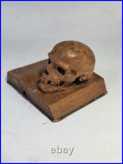 Rare German Early 20th C Momento Mori Hand Carved Wooden Sculpture
