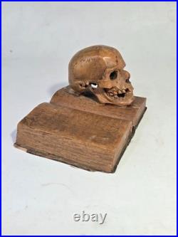 Rare German Early 20th C Momento Mori Hand Carved Wooden Sculpture