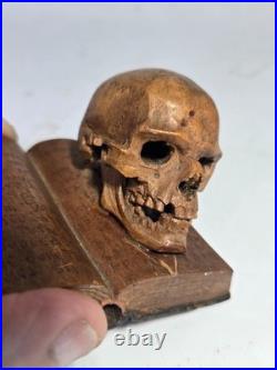 Rare German Early 20th C Momento Mori Hand Carved Wooden Sculpture