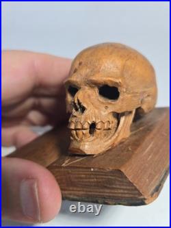 Rare German Early 20th C Momento Mori Hand Carved Wooden Sculpture