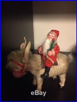 Rare Germany Mache Composition Santa Claus Antique 1930 Donkey Toy Windup Early