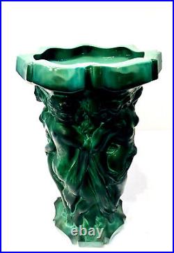 Rare LARGE 10 Art Deco Era Malachite Glass Schlevogt & Hoffmann Bacchantes Vase