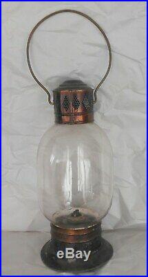 Rare Large Early American Tin Tole & Glass Whaleoil Lantern Lamp Lighting