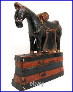 Rare Late 19th-early 20th C Antique Chinese Painted Wooden Battle Horse On Base