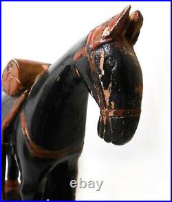 Rare Late 19th-early 20th C Antique Chinese Painted Wooden Battle Horse On Base