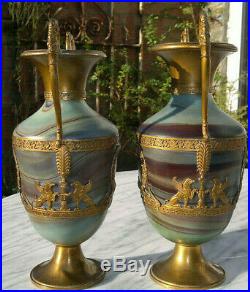 Rare PAIR Antique French Empire Marble Glass Vases Early 1800s 11 Tall